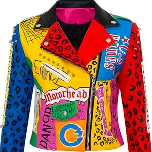 OOH LA LA COUTURE LADIES PUNK ROCK GRAFFITI PRINT STUD JACKET - Med /NWOT